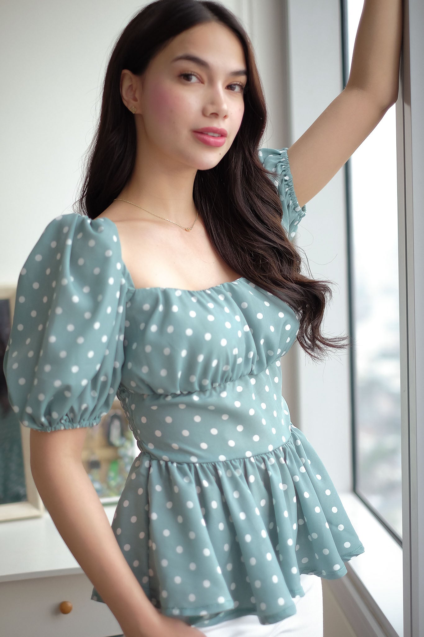 The Rachel Top - Sage green white polka