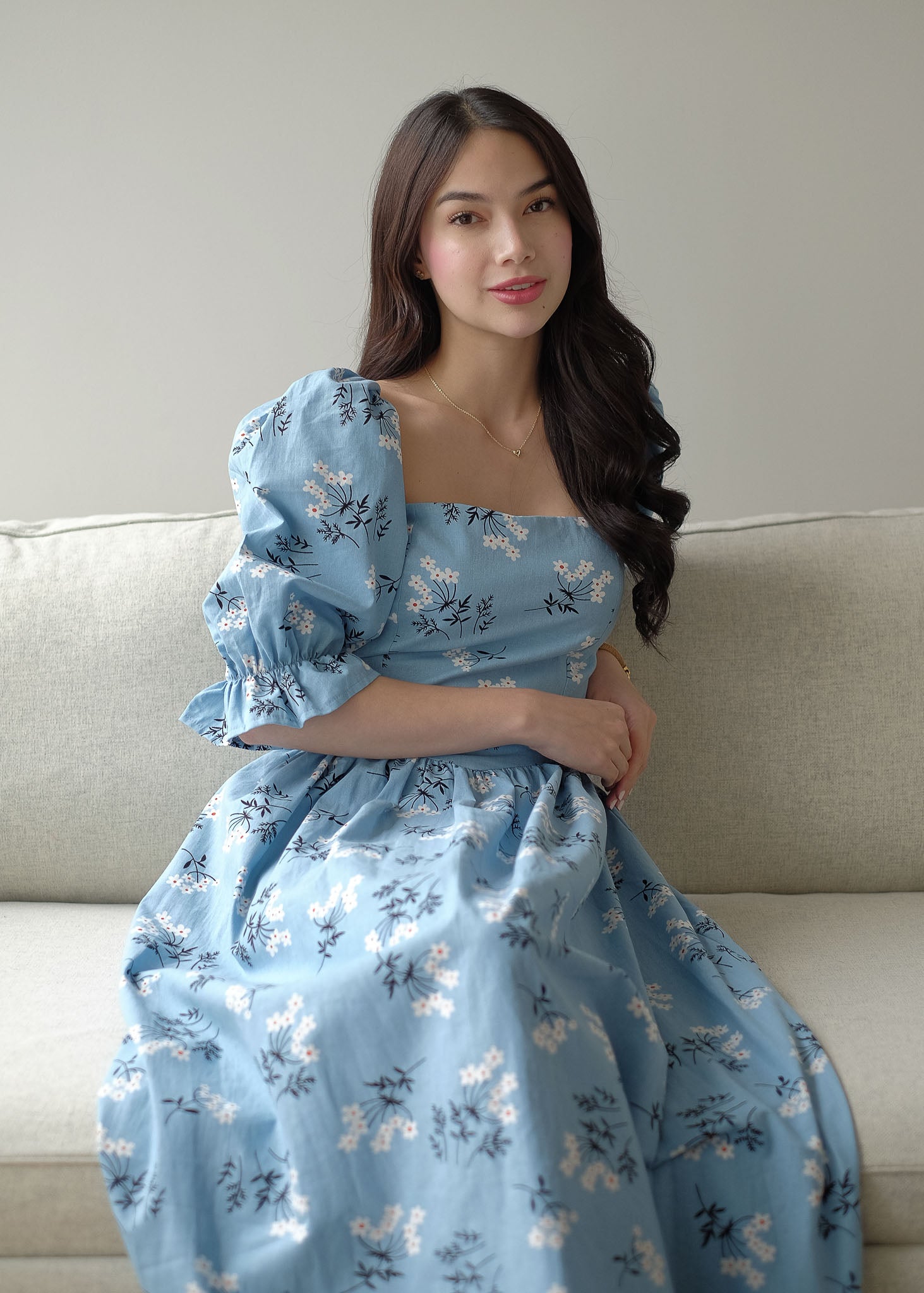 Emeline Midi Dress – soft dusty blue floral