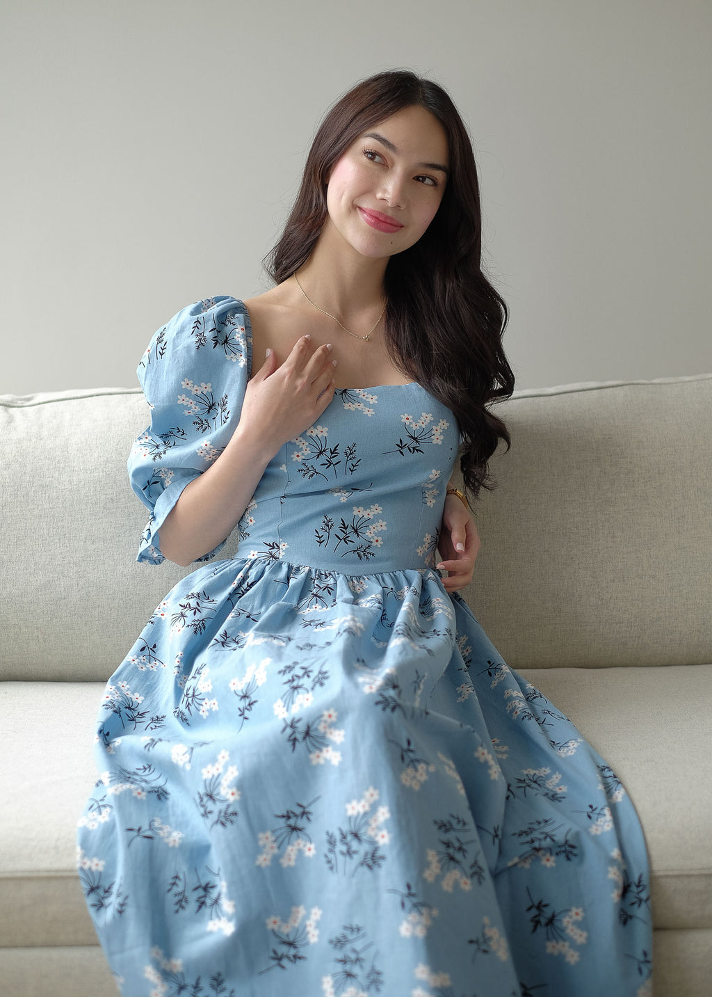 Emeline Midi Dress – soft dusty blue floral