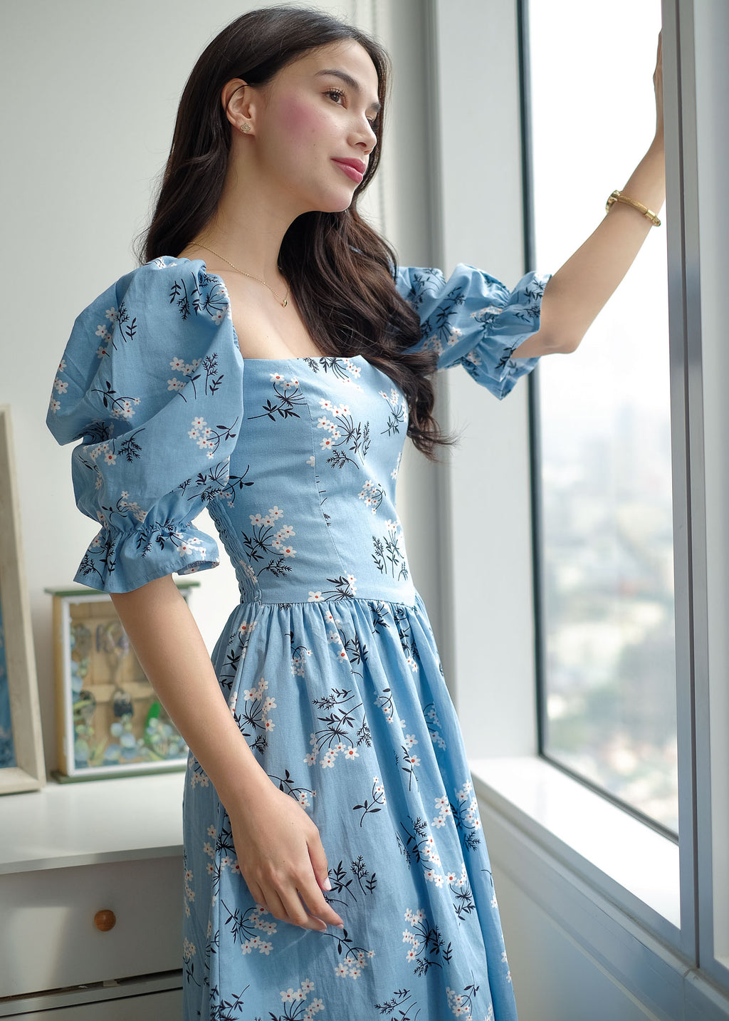 Emeline Midi Dress – soft dusty blue floral
