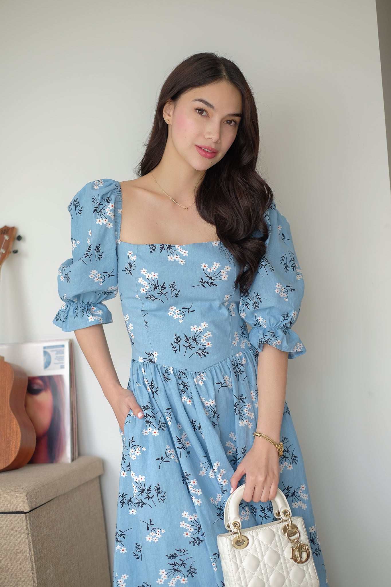 Emeline Midi Dress – soft dusty blue floral