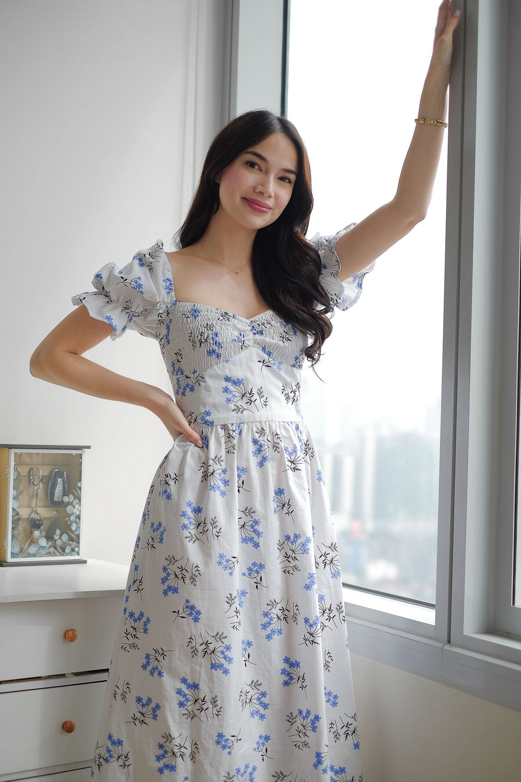 Olivia Midi Dress - white w/ floral print