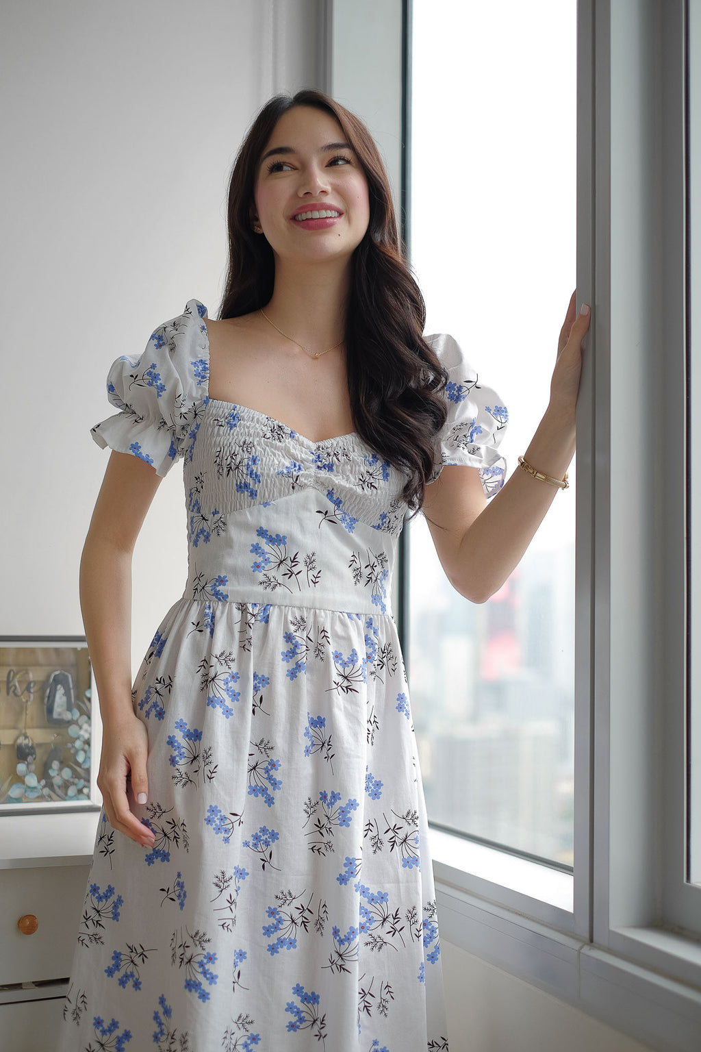 Olivia Midi Dress - white w/ floral print