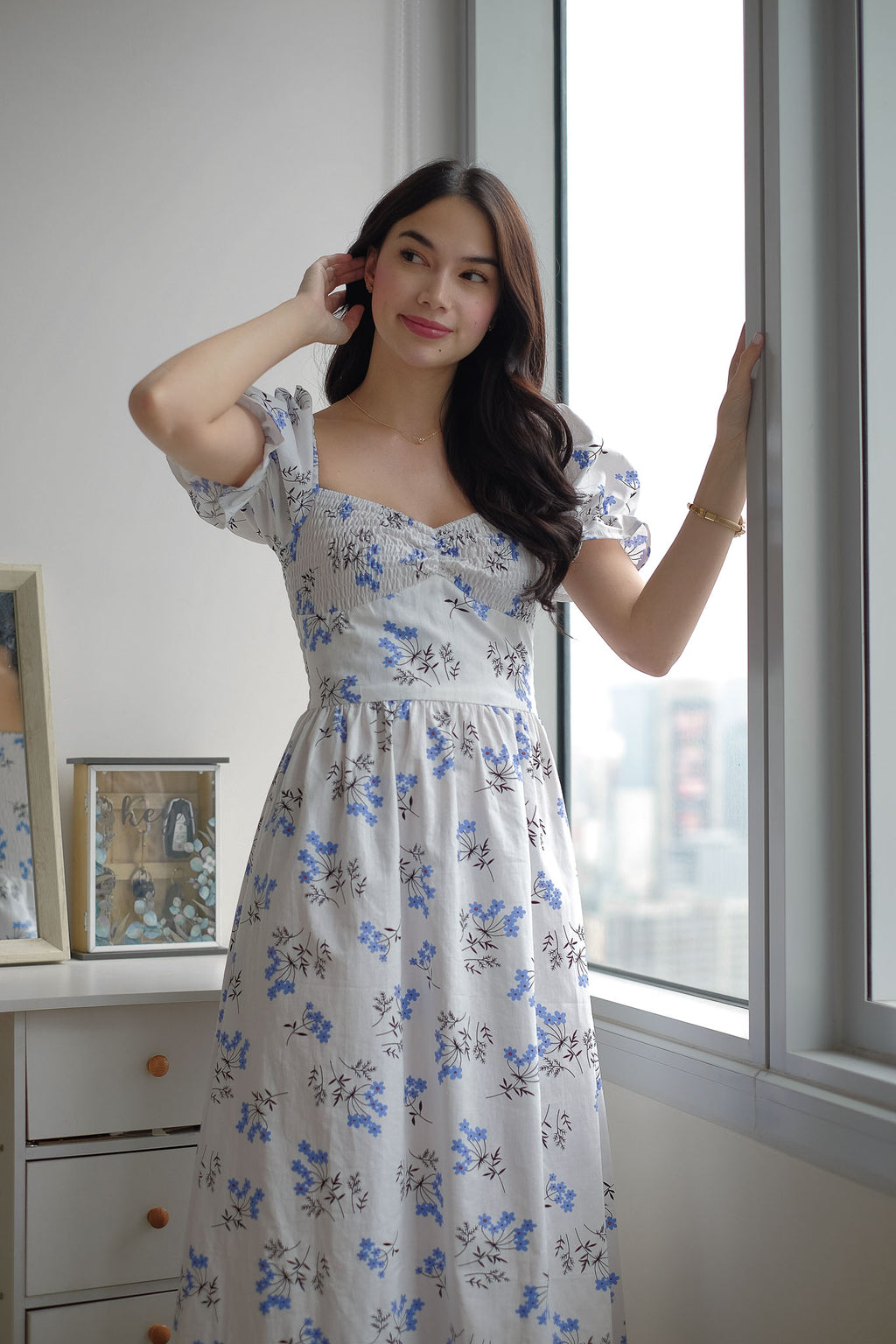 Olivia Midi Dress - white w/ floral print