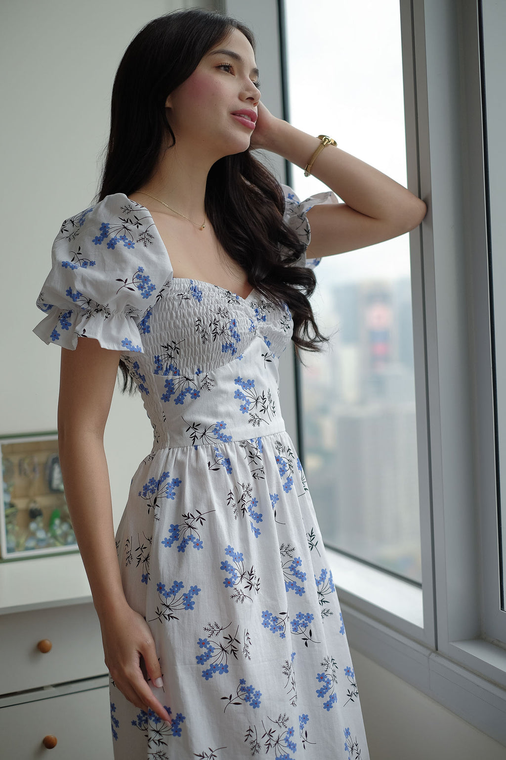Olivia Midi Dress - white w/ floral print