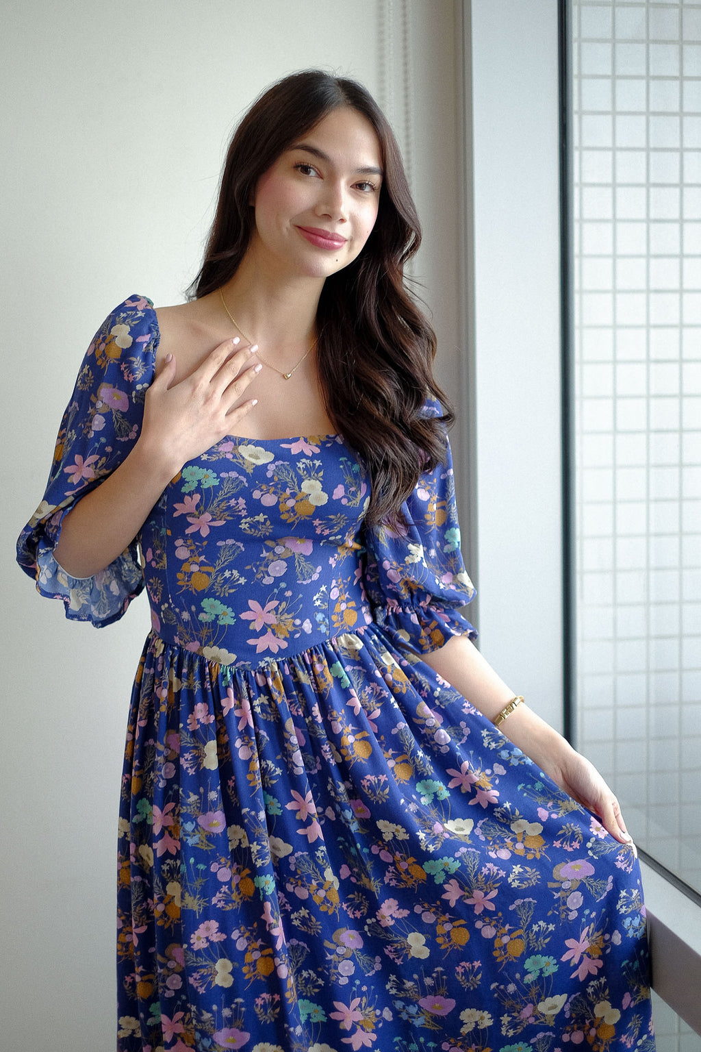 Emeline Midi Dress – royal blue with floral print