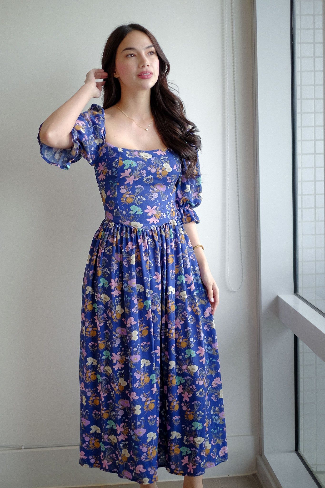 Emeline Midi Dress – royal blue with floral print
