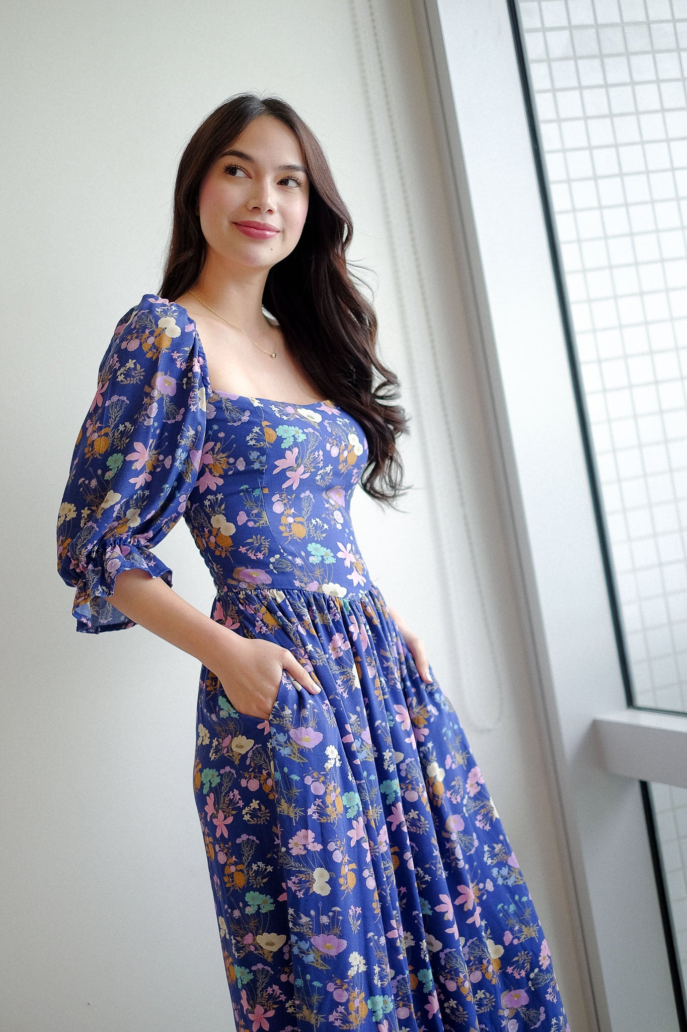 Emeline Midi Dress – royal blue with floral print