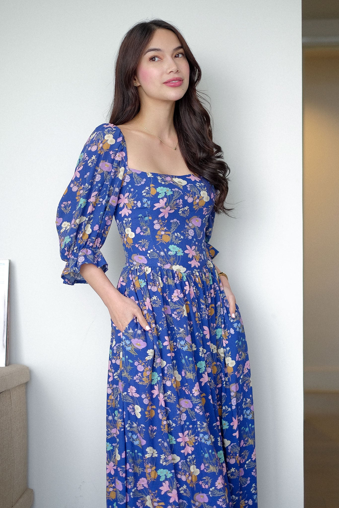 Emeline Midi Dress – royal blue with floral print