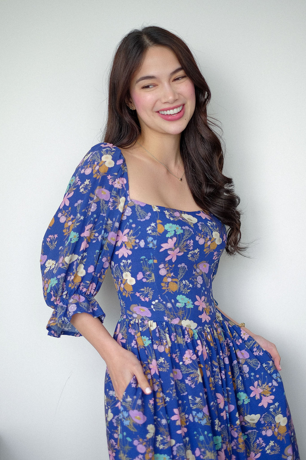 Emeline Midi Dress – royal blue with floral print