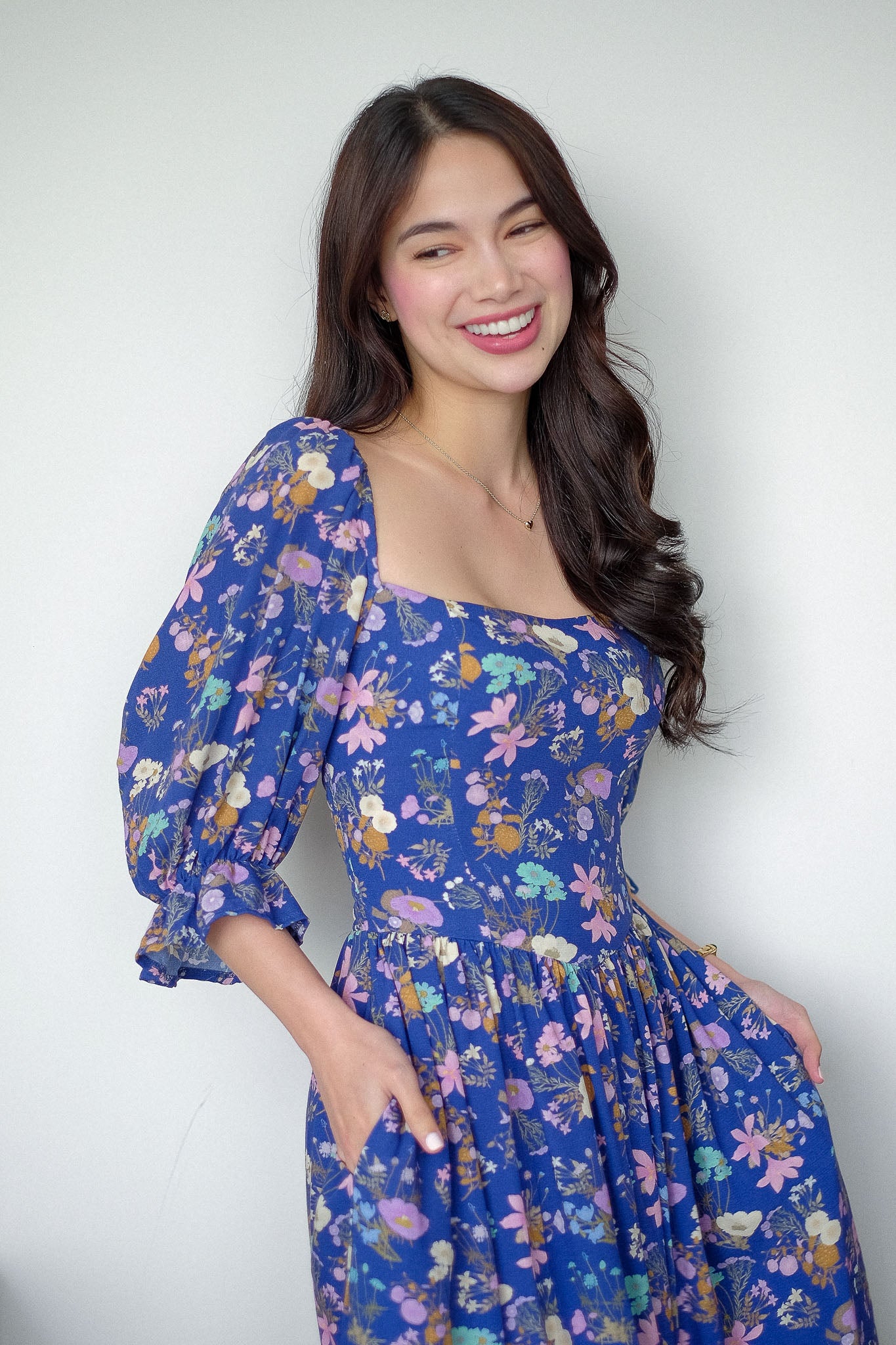 Emeline Midi Dress – royal blue with floral print