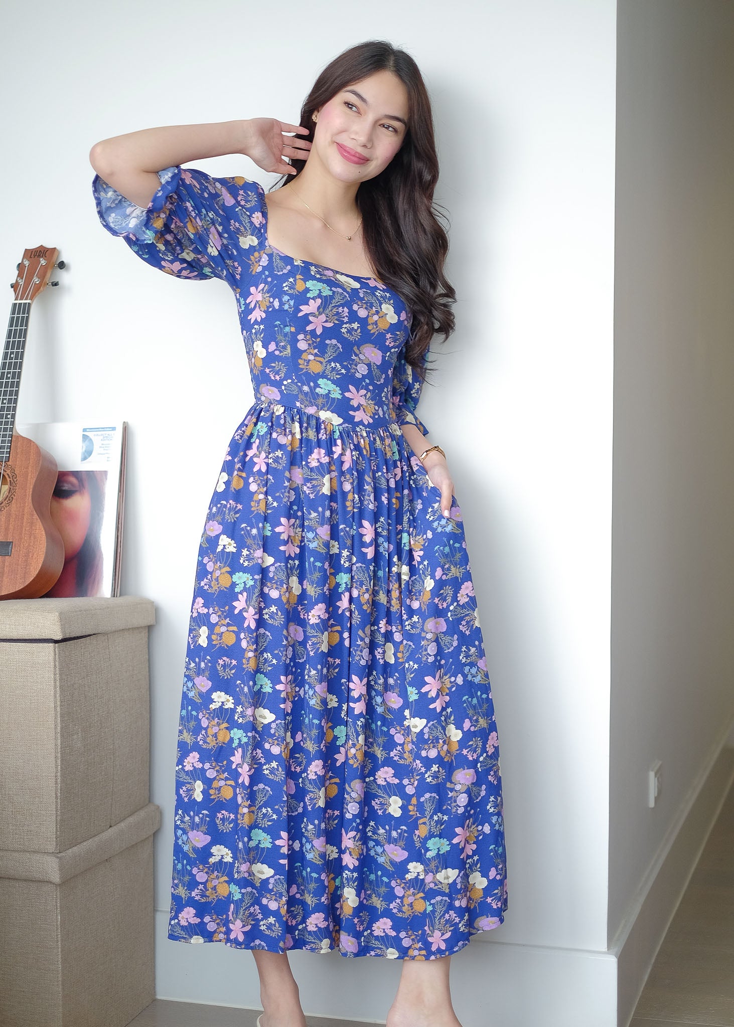 Emeline Midi Dress – royal blue with floral print