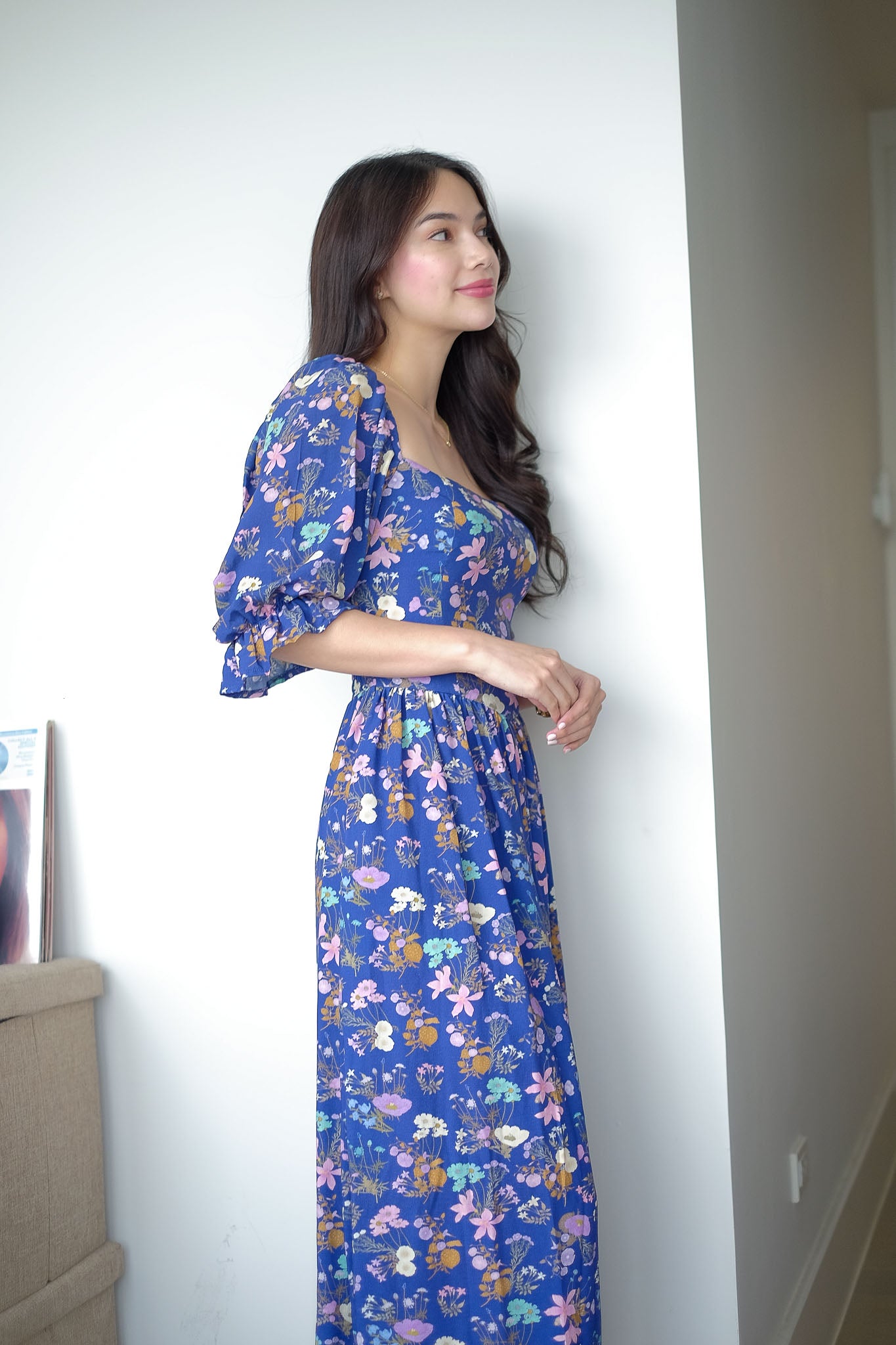 Emeline Midi Dress – royal blue with floral print
