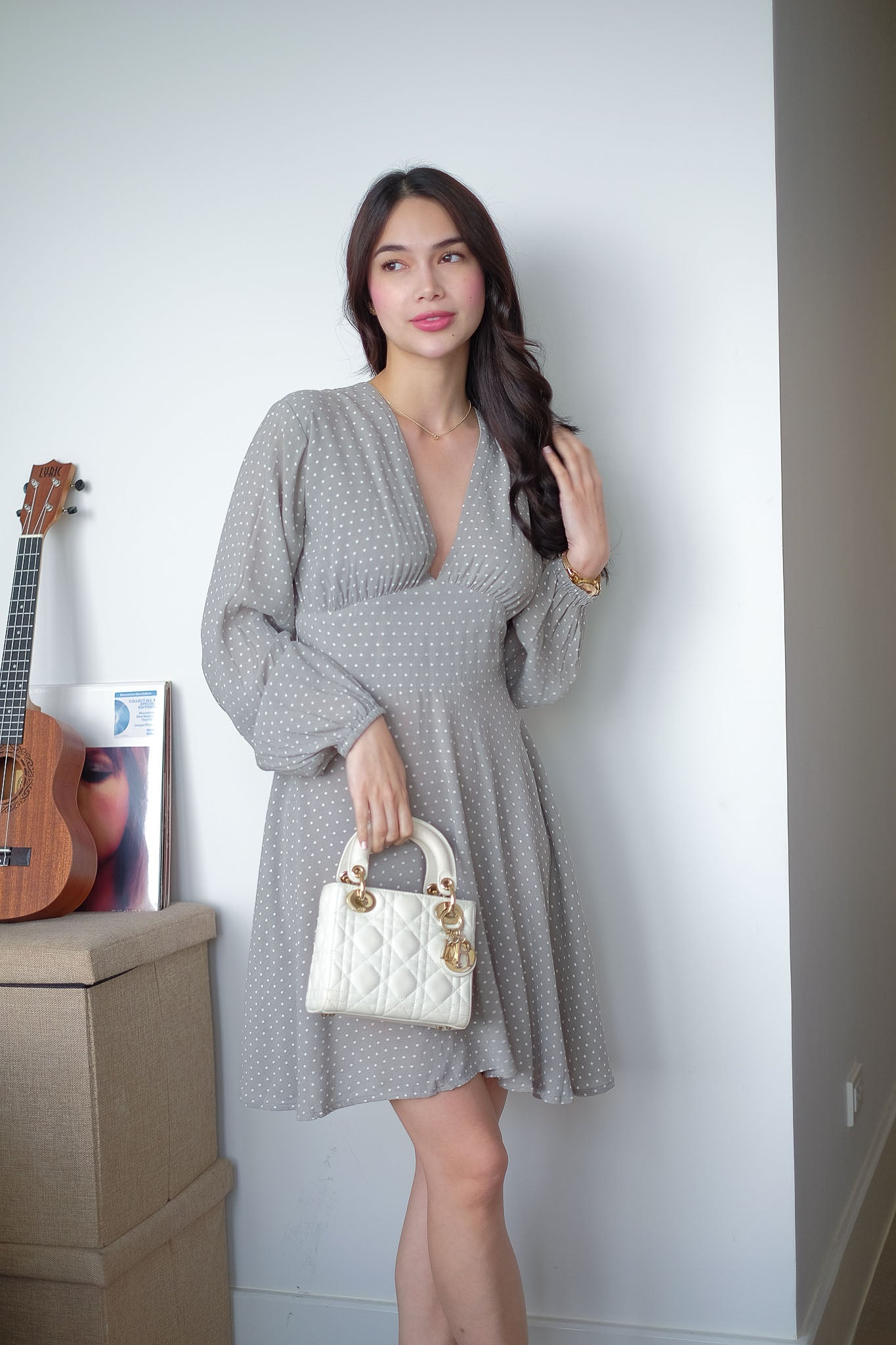 The Lyra Mini Dress - gray white dotted