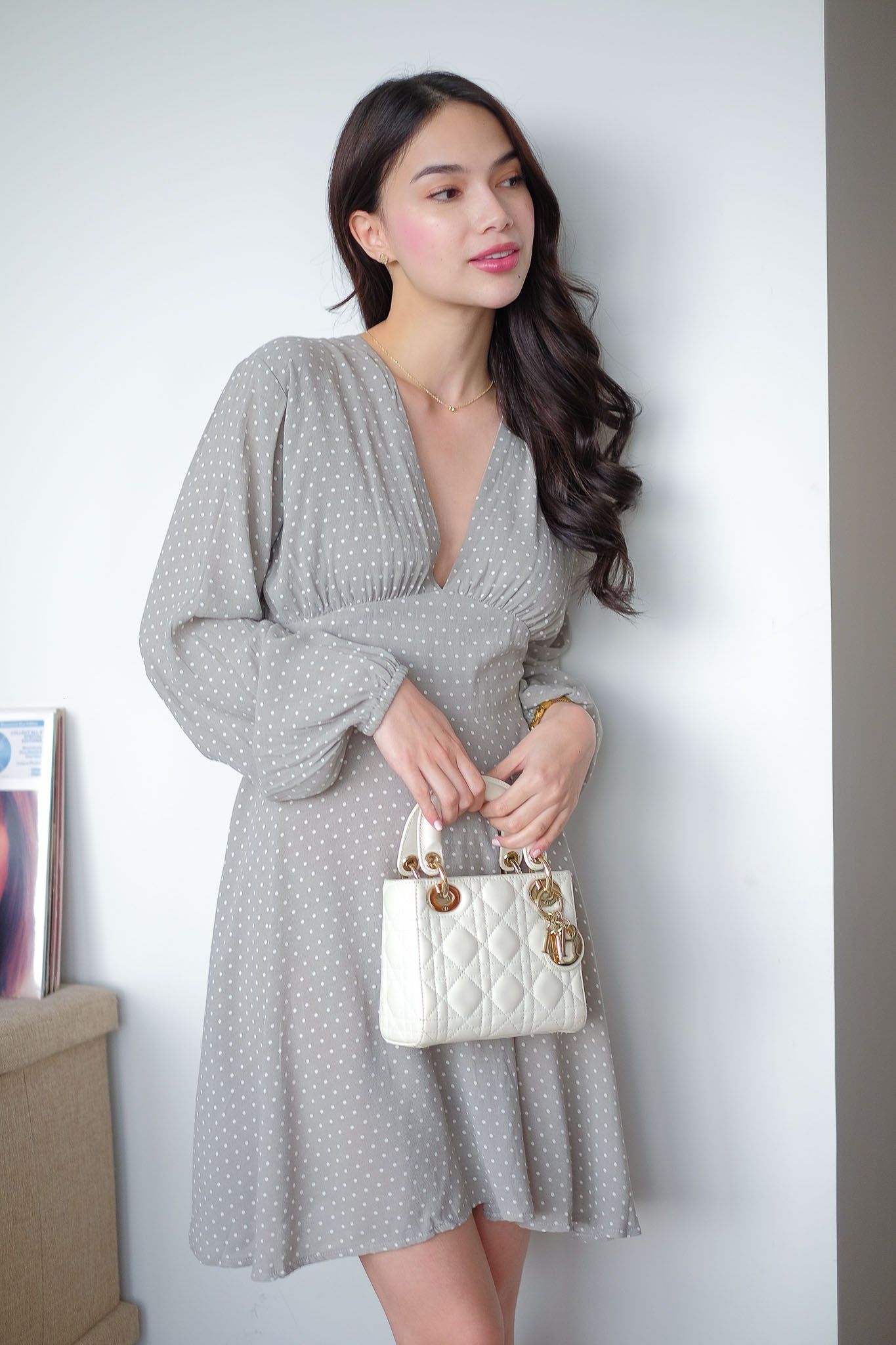 The Lyra Mini Dress - gray white dotted