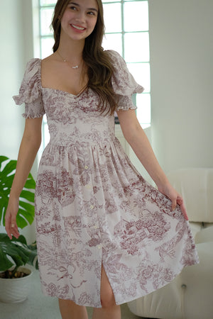 Olivia Knee Length Dress - Brown toile