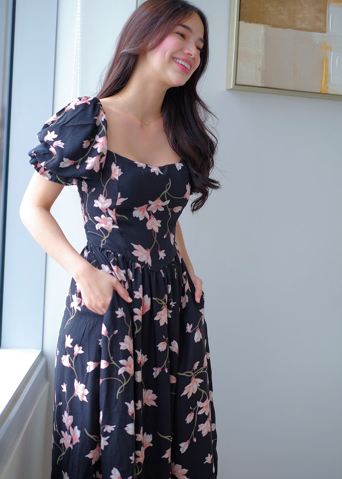 Emeline Midi Dress – black floral