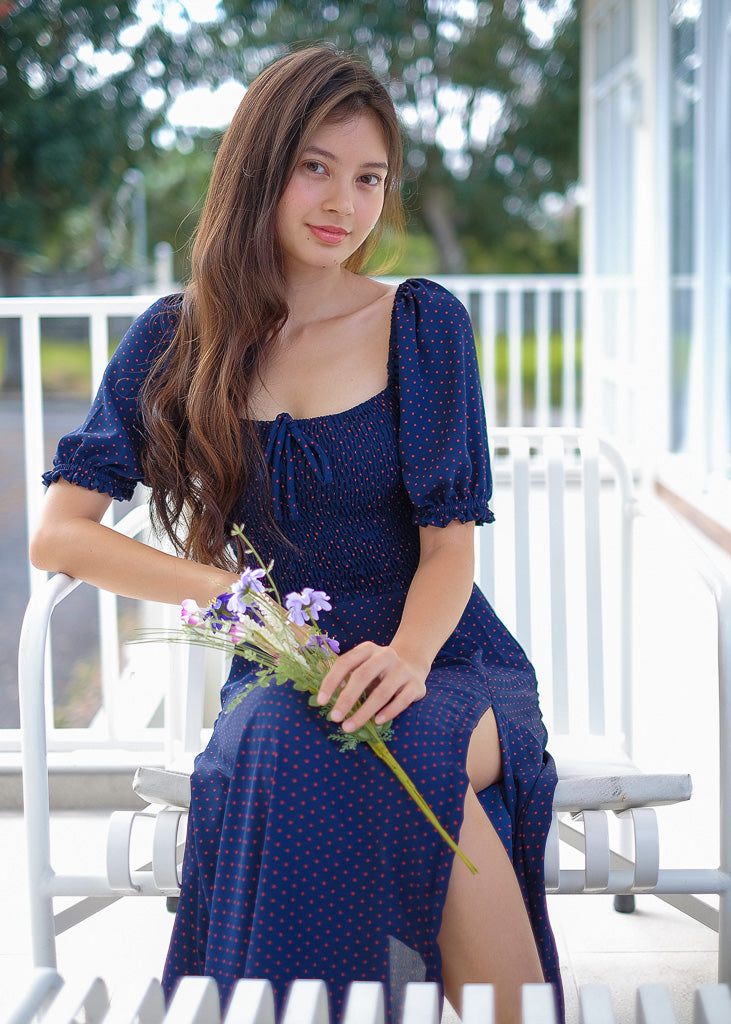 Kaeli Midi Dress - blue polka