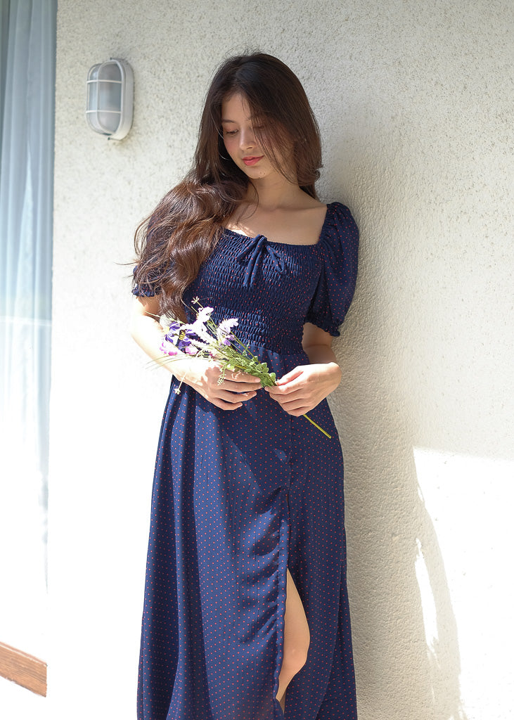Kaeli Midi Dress - blue polka