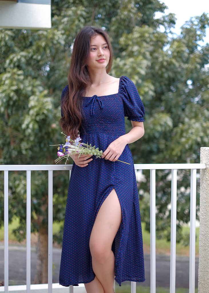 Kaeli Midi Dress - blue polka
