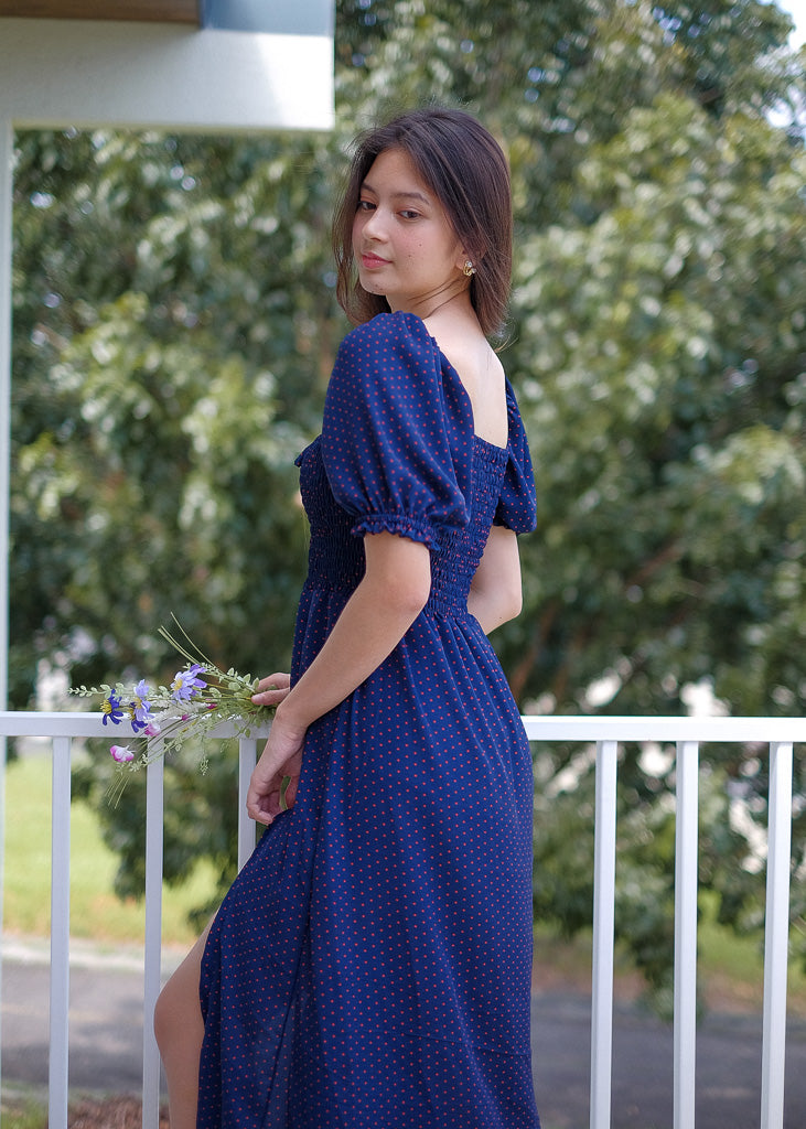 Kaeli Midi Dress - blue polka