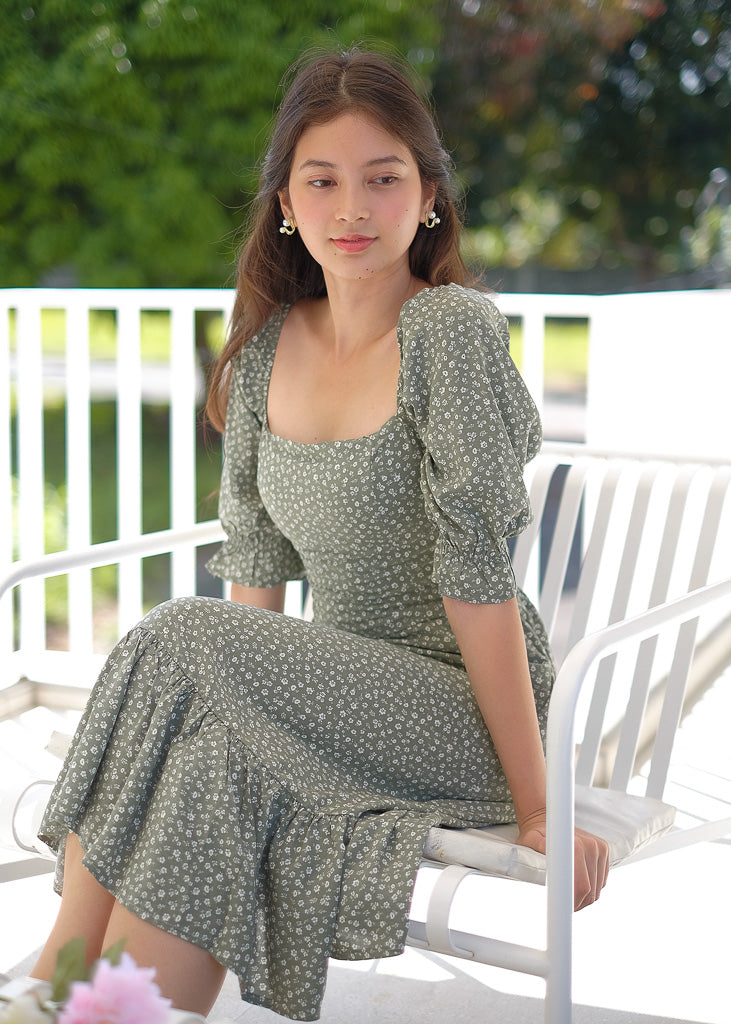 Dahlia Midi Dress - green floral