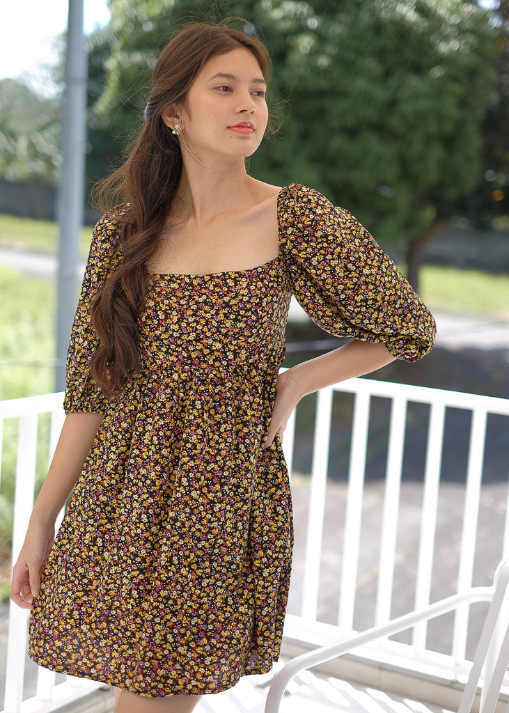 Candice baby doll dress - black floral