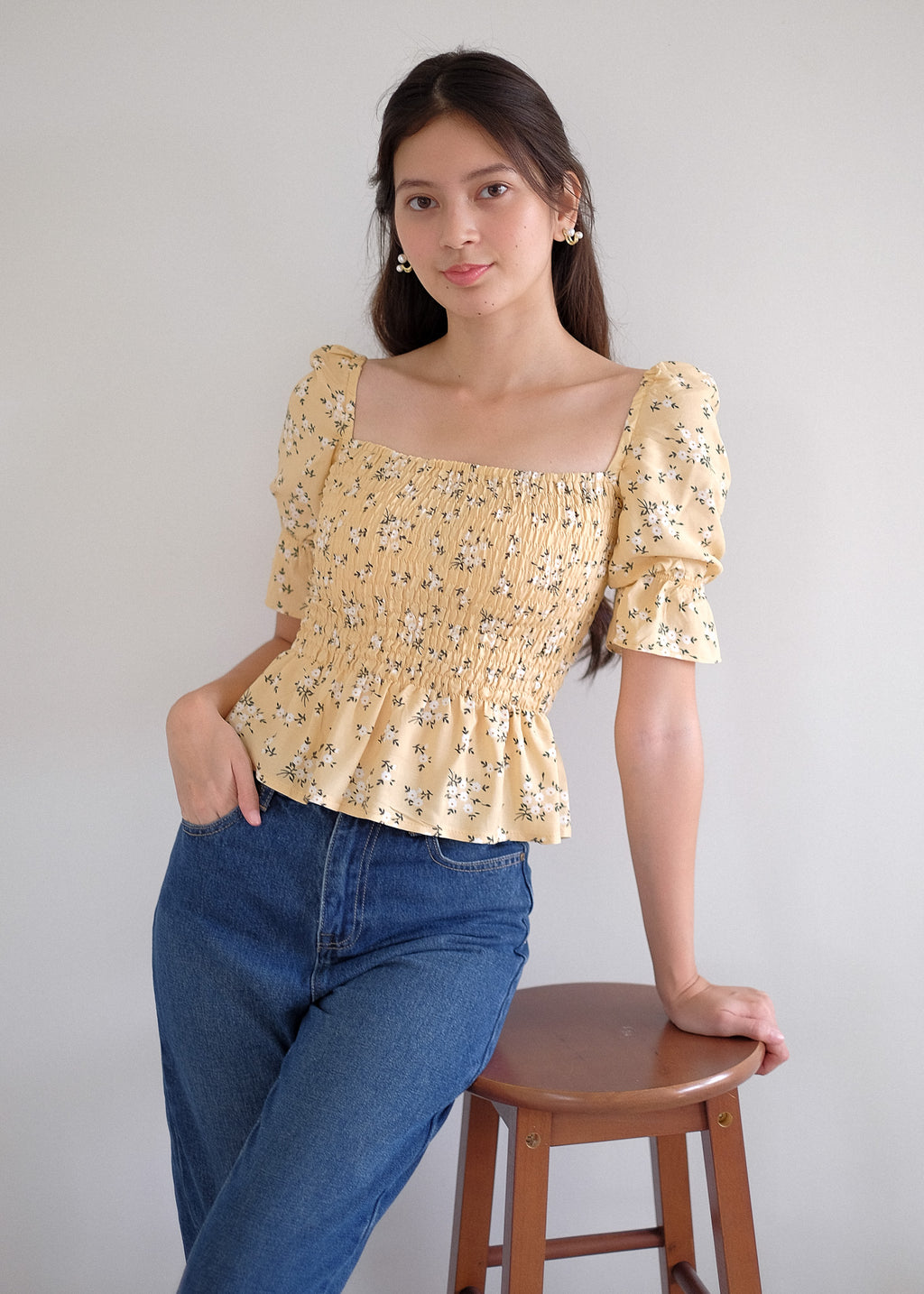 Elara Smocked Peplum Top - yellow