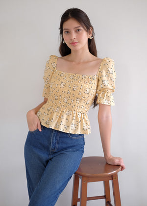 Elara Smocked Peplum Top - yellow