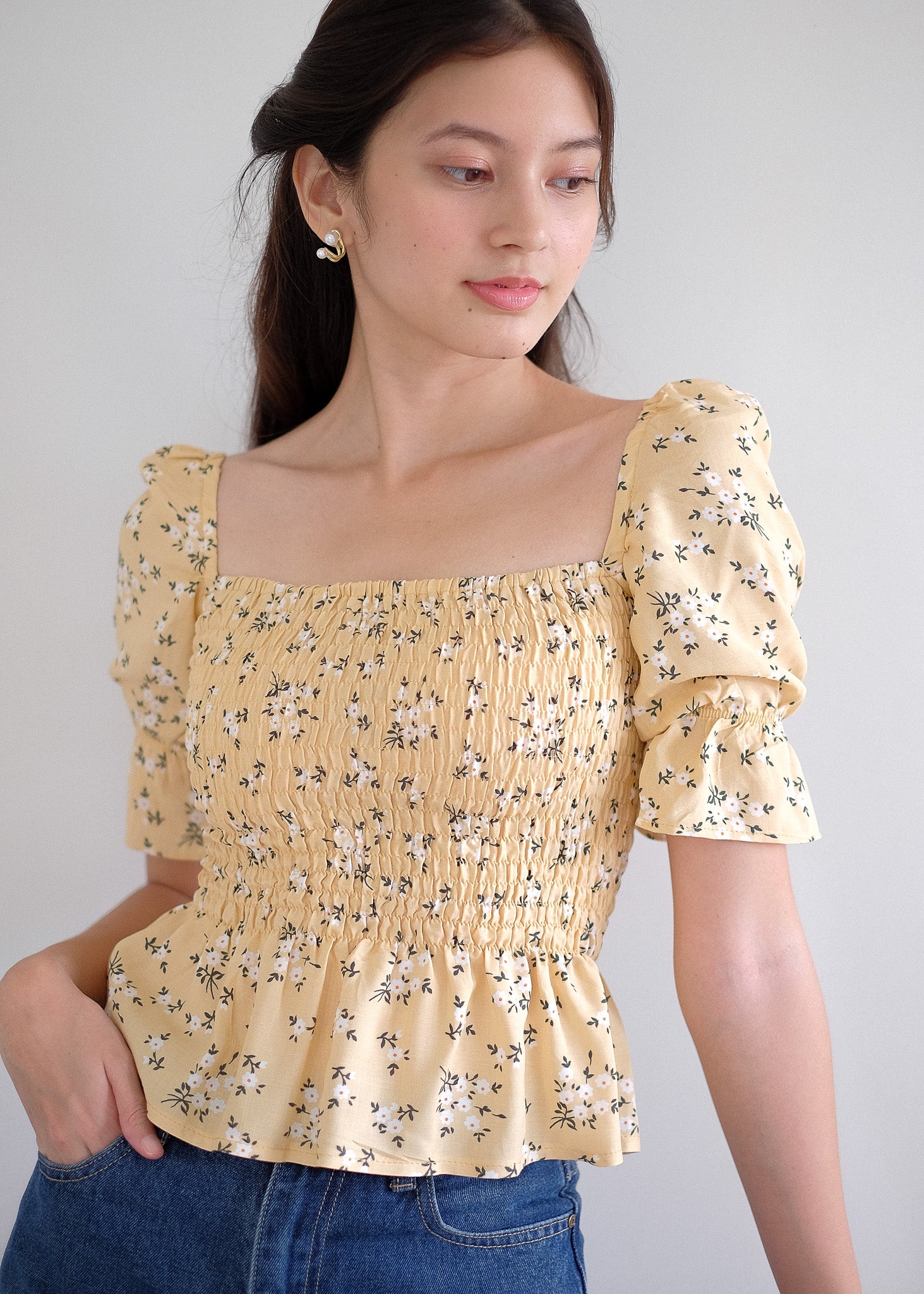 Elara Smocked Peplum Top - yellow