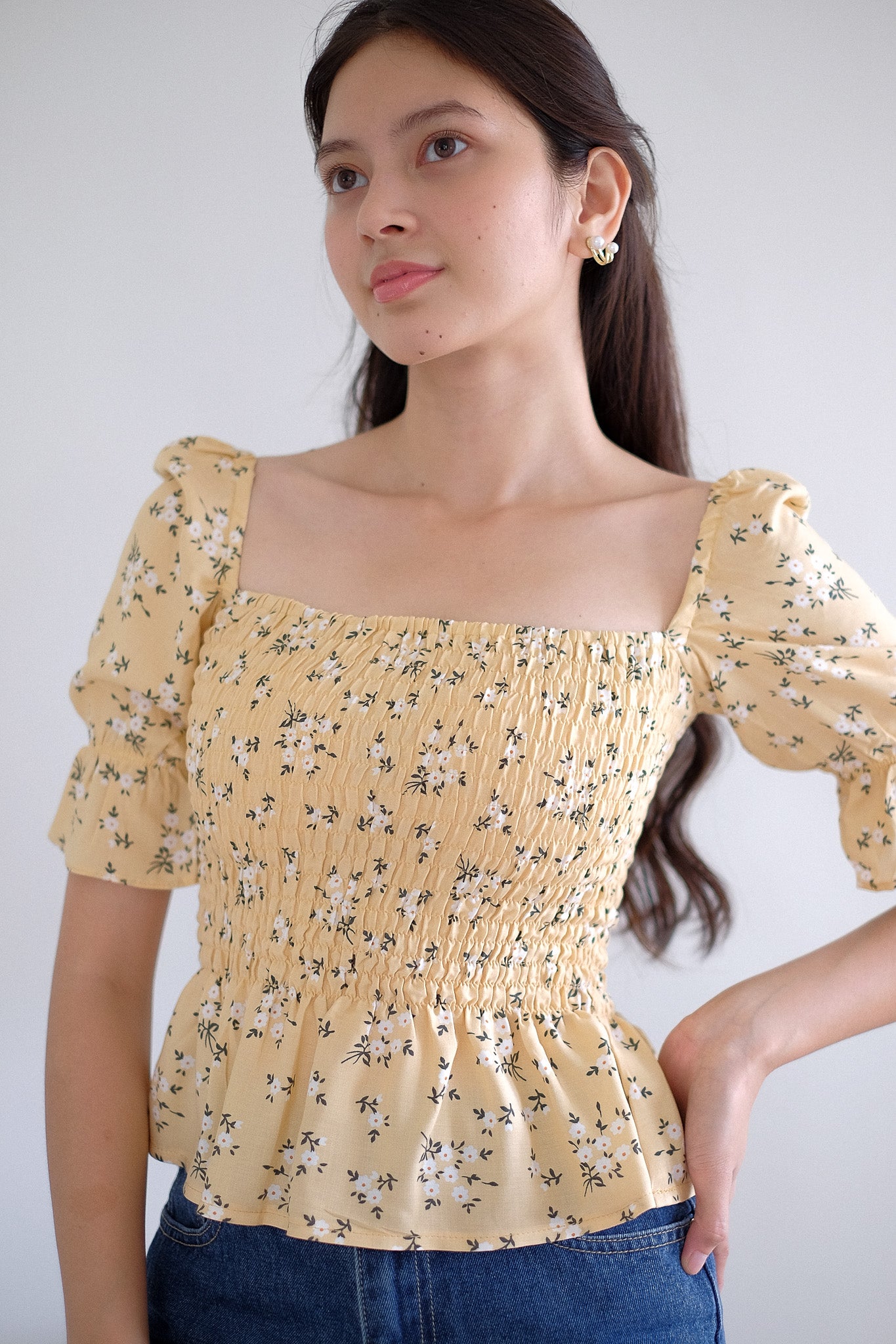 Elara Smocked Peplum Top - yellow