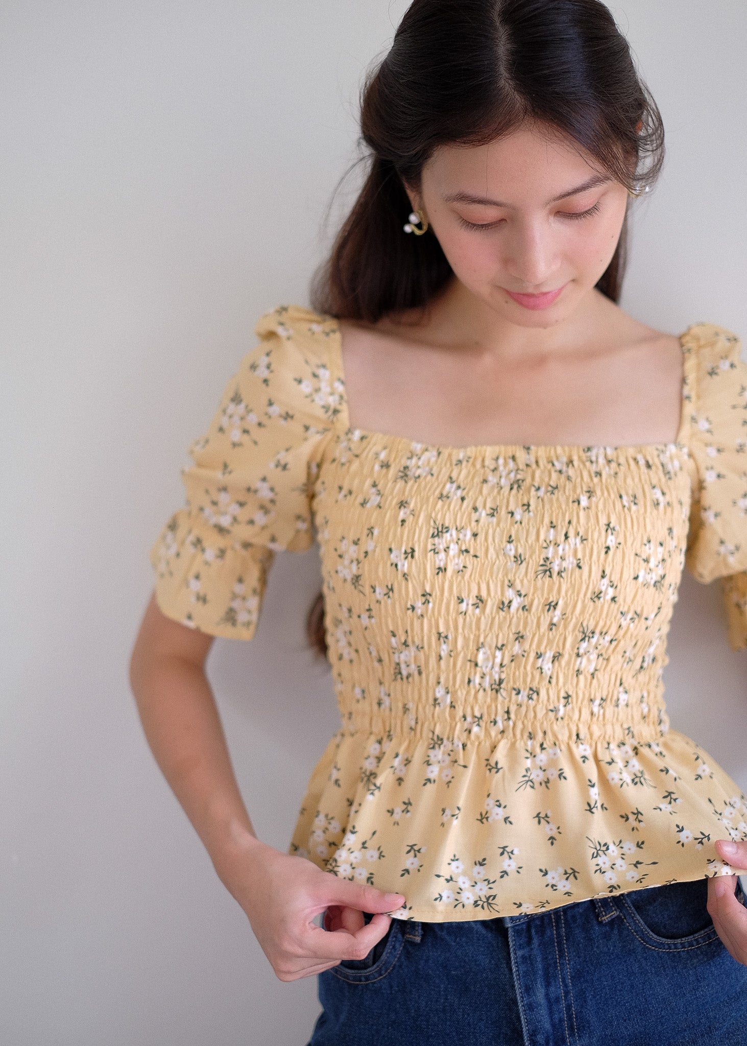 Elara Smocked Peplum Top - yellow