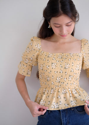 Elara Smocked Peplum Top - yellow