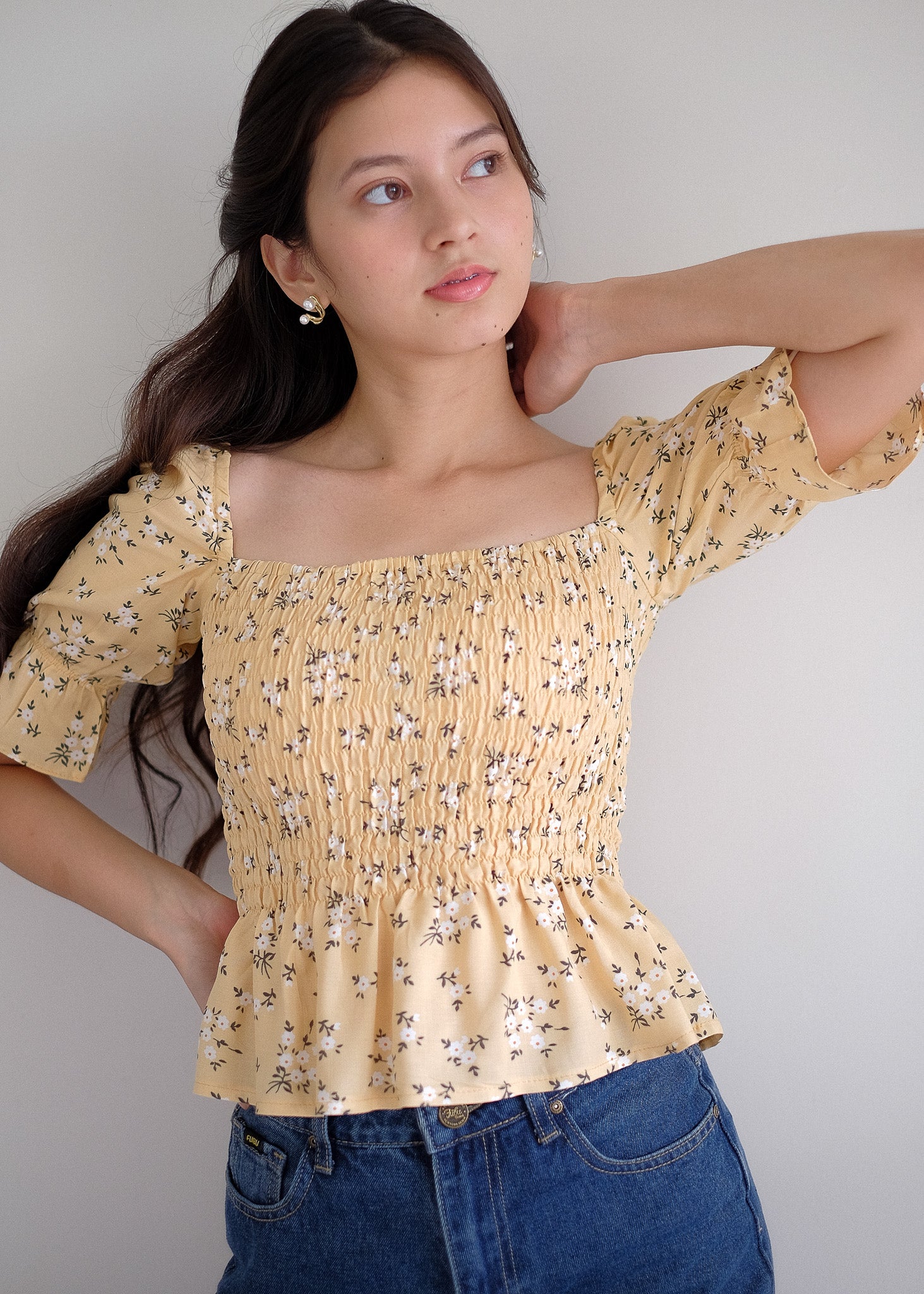 Elara Smocked Peplum Top - yellow