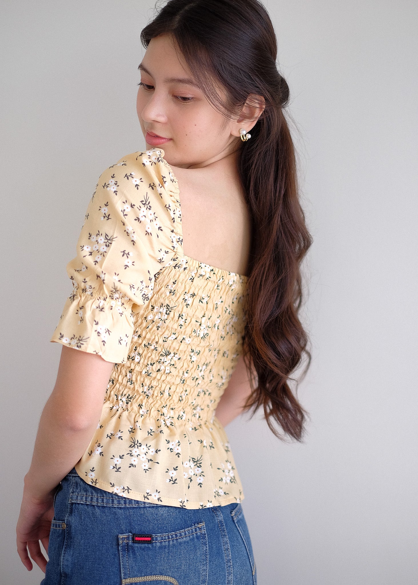 Elara Smocked Peplum Top - yellow