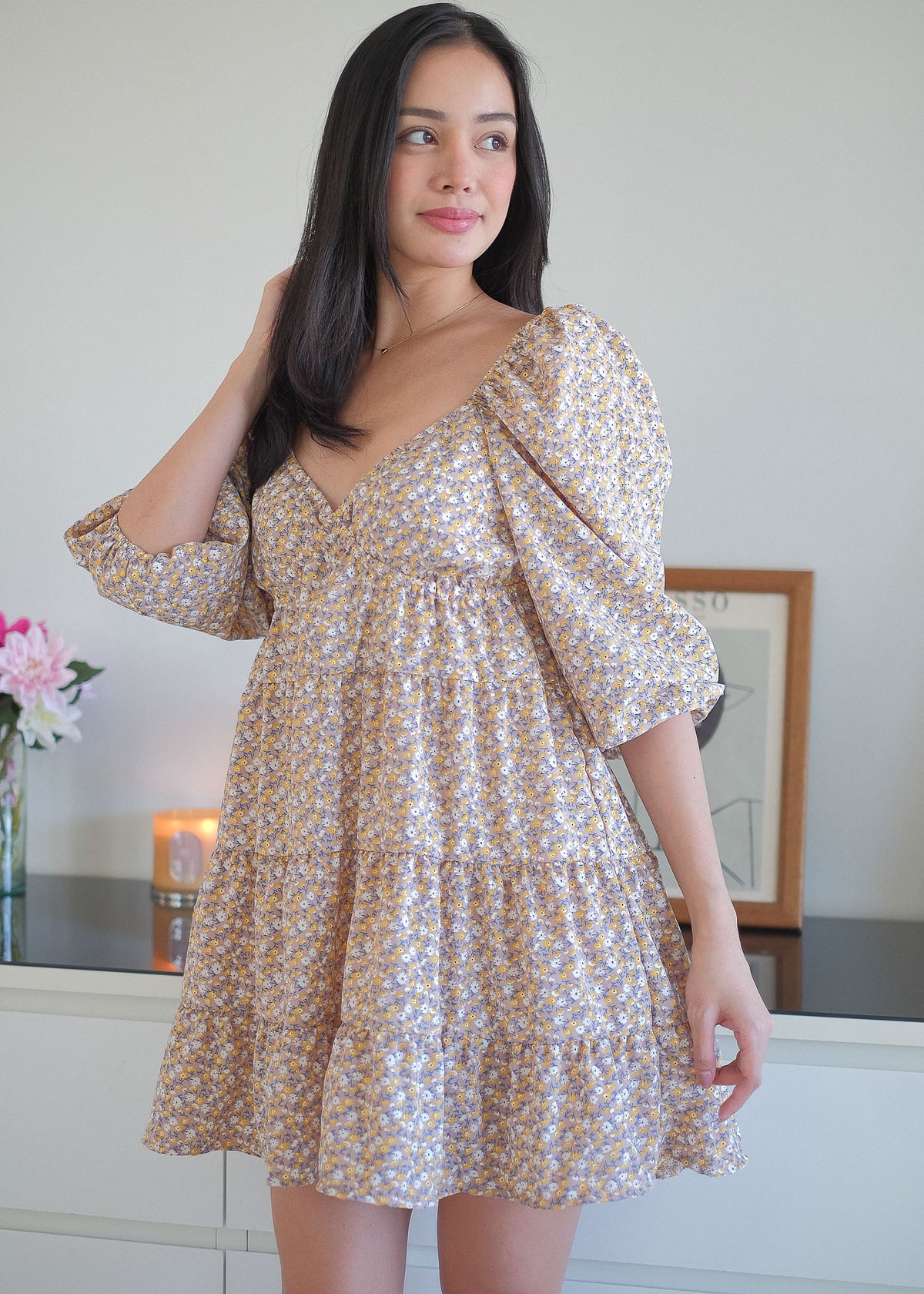 Caroline baby doll dress - beige ditsy floral