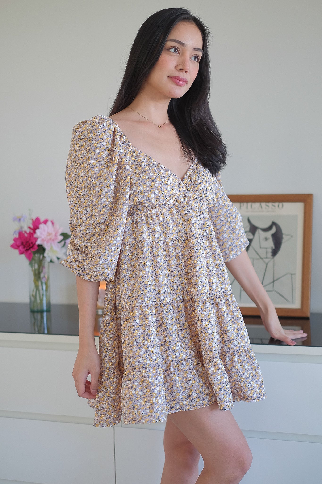 Caroline baby doll dress - beige ditsy floral