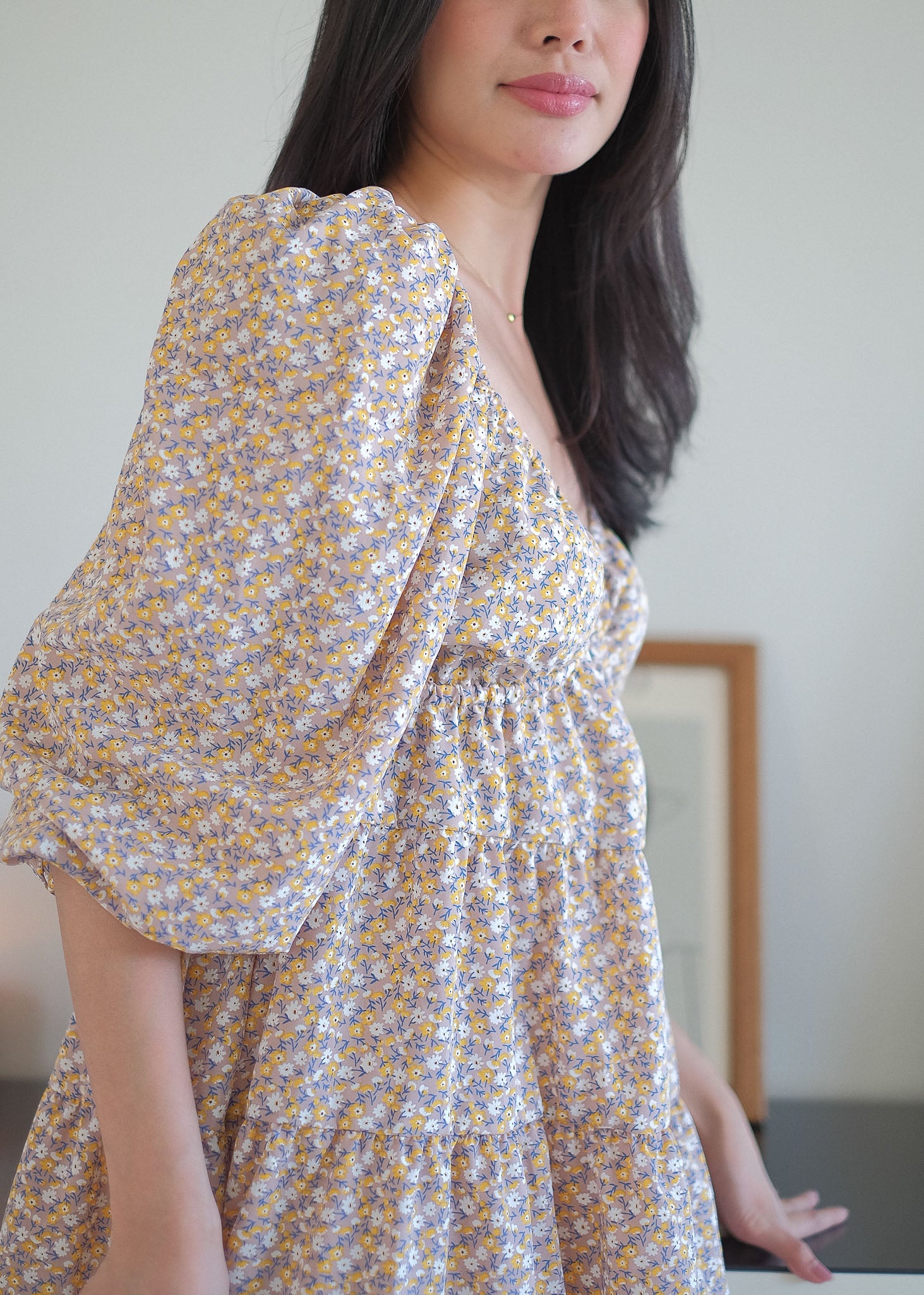 Caroline baby doll dress - beige ditsy floral