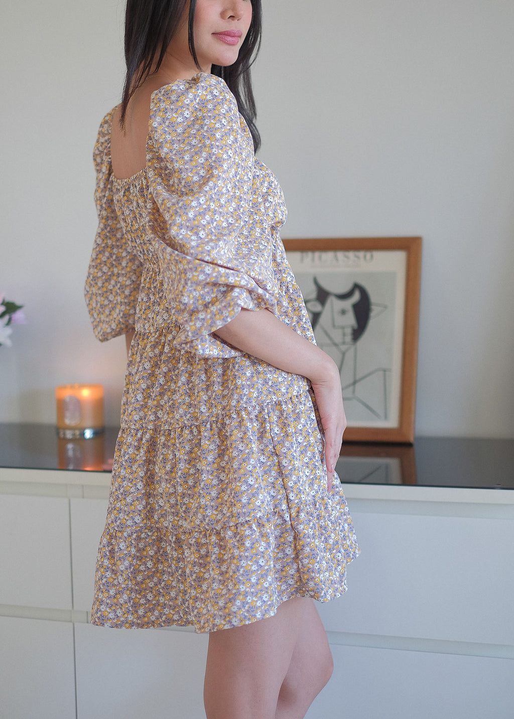 Caroline baby doll dress - beige ditsy floral