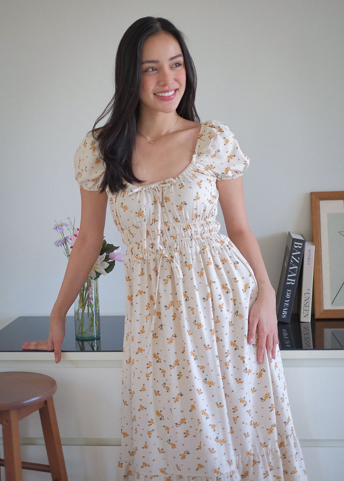 The Leilani midi dress - soft cream ditsy floral
