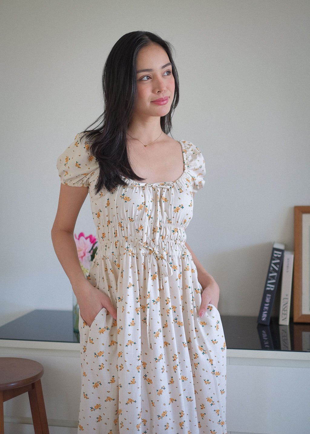 The Leilani midi dress - soft cream ditsy floral