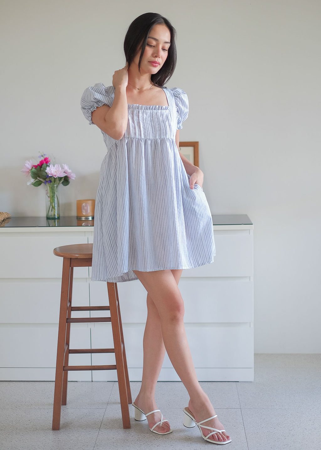 The Clara babydoll dress - soft blue vertical pinstripe