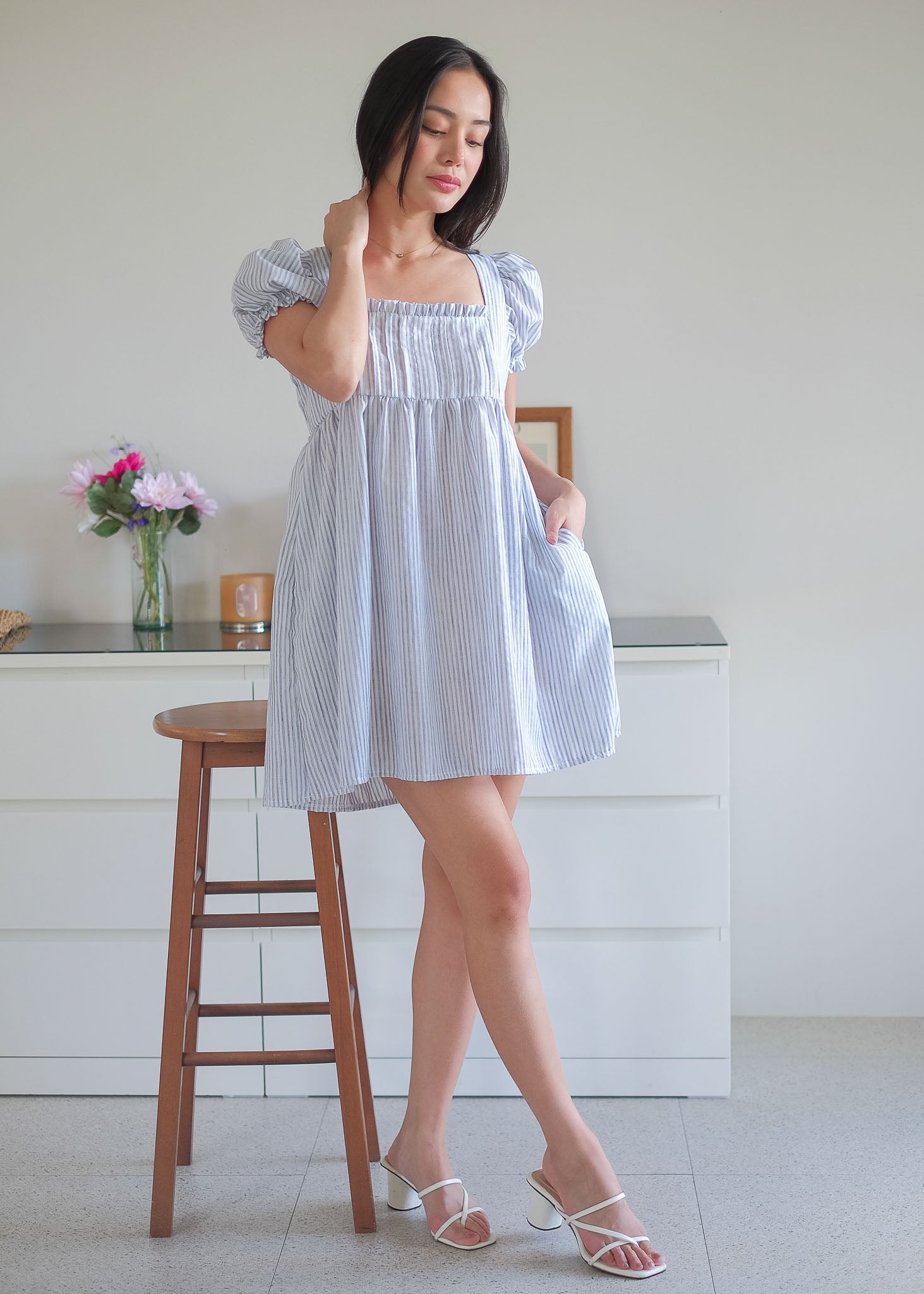 The Clara babydoll dress - soft blue vertical pinstripe
