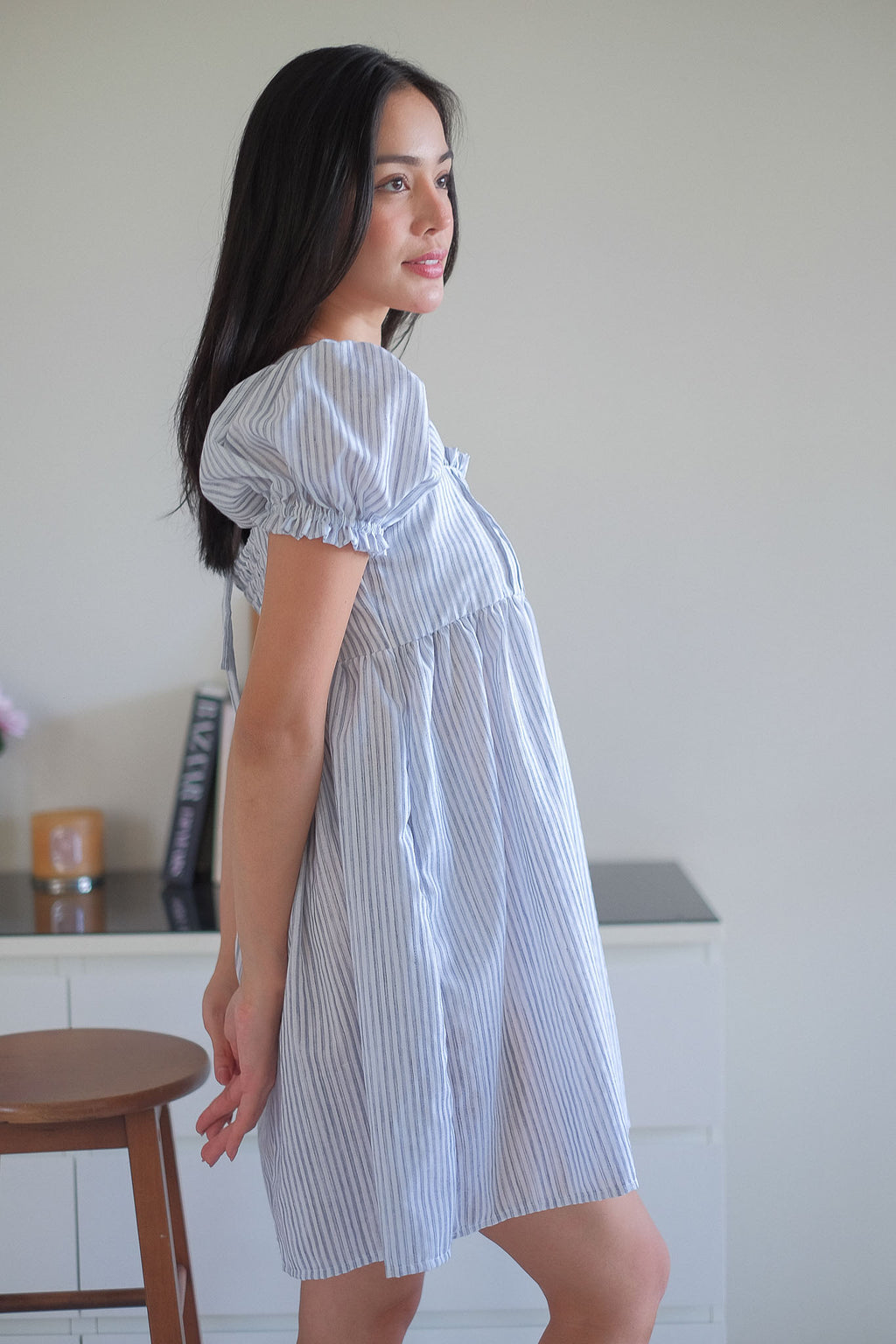 The Clara babydoll dress - soft blue vertical pinstripe