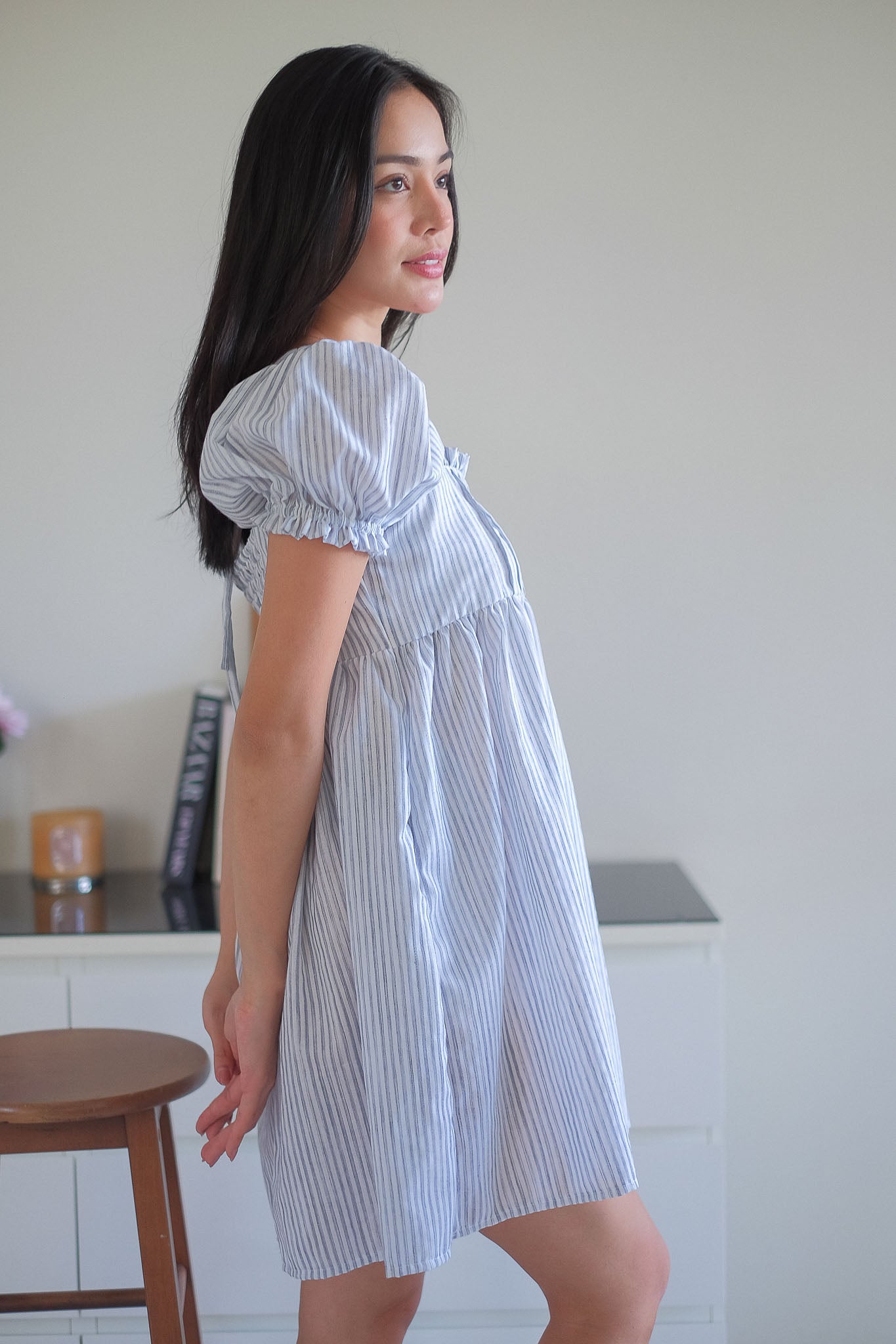 The Clara babydoll dress - soft blue vertical pinstripe