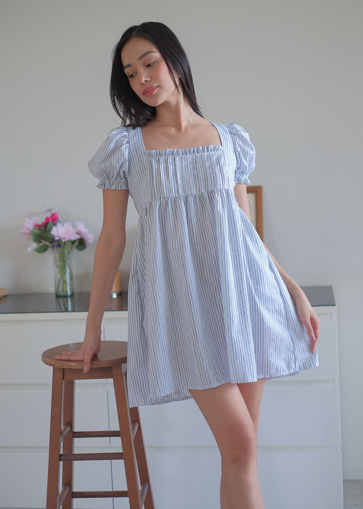The Clara babydoll dress - soft blue vertical pinstripe