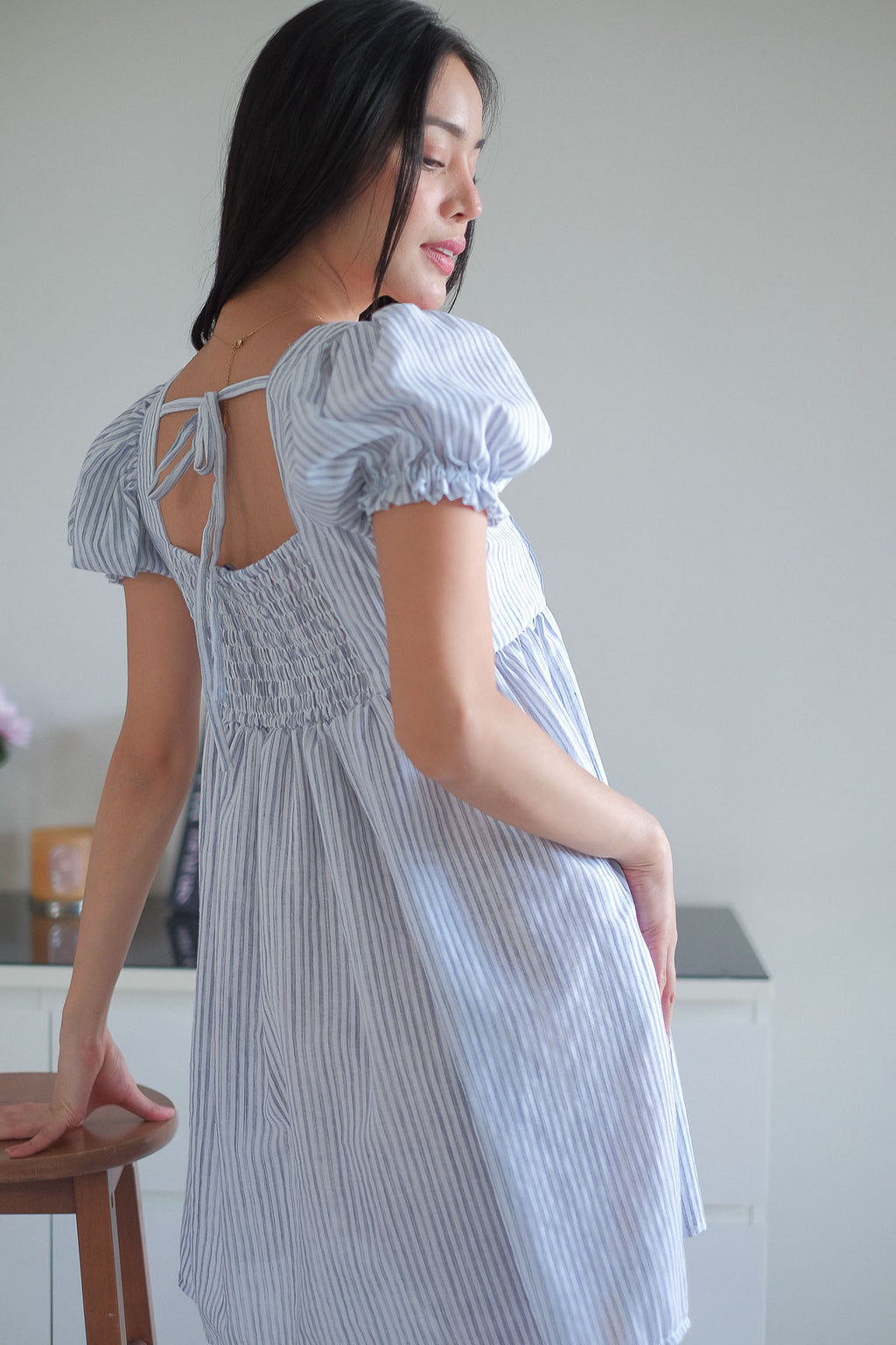 The Clara babydoll dress - soft blue vertical pinstripe