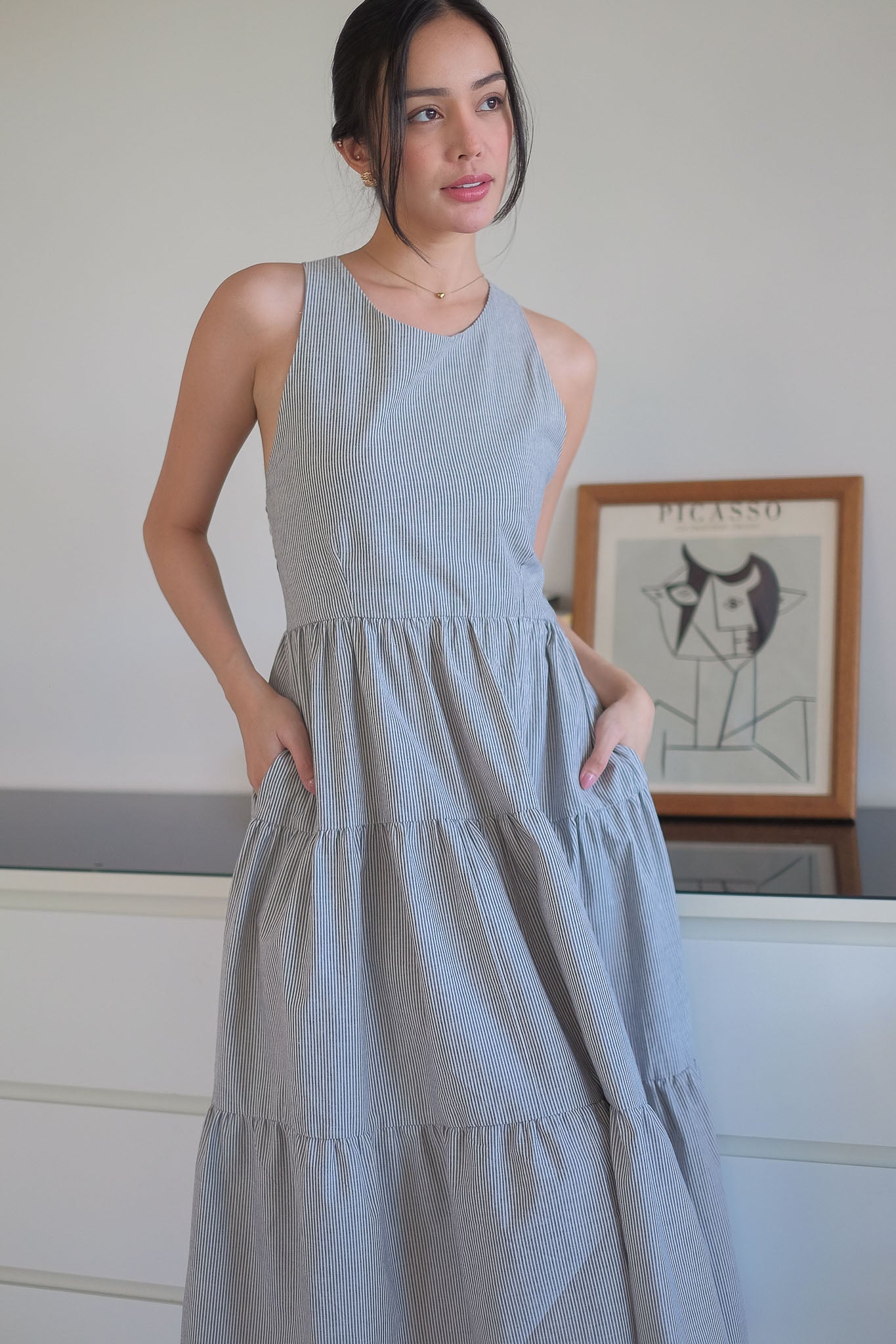 The Jonnie midi dress - black Vertical Pinstripe