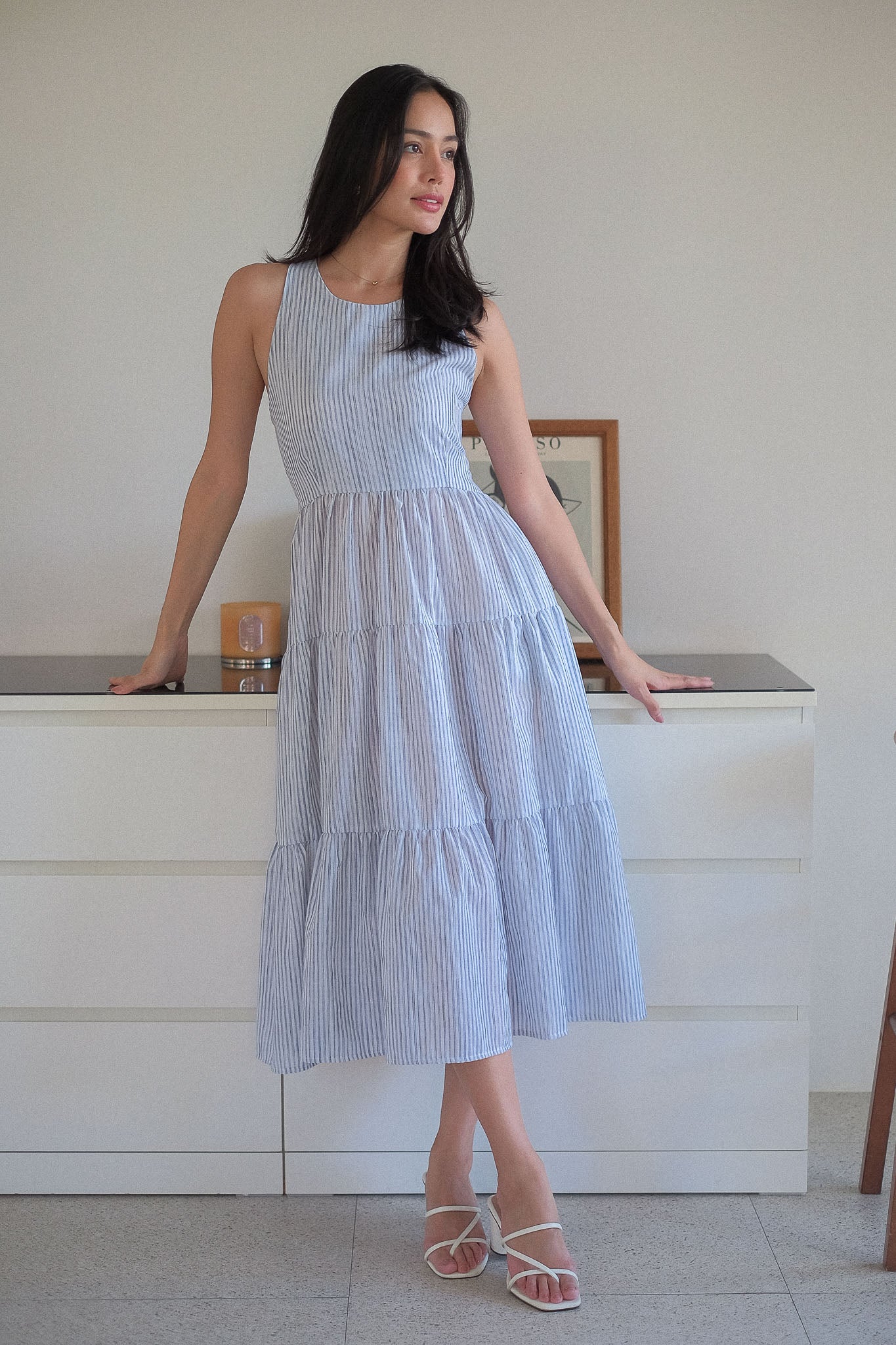 The Jonnie midi dress - powder blue Vertical Pinstripe