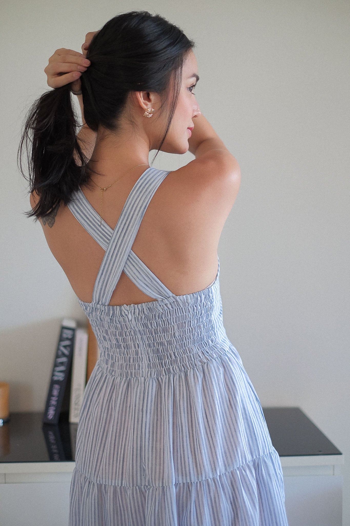 The Jonnie midi dress - powder blue Vertical Pinstripe